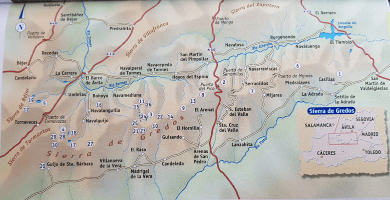 Location of Sierra de Gredos (numbers are walks